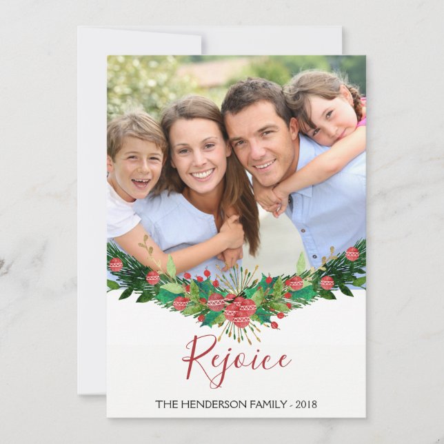 Rejoice - Christmas Garland Script Photo Card (Front)