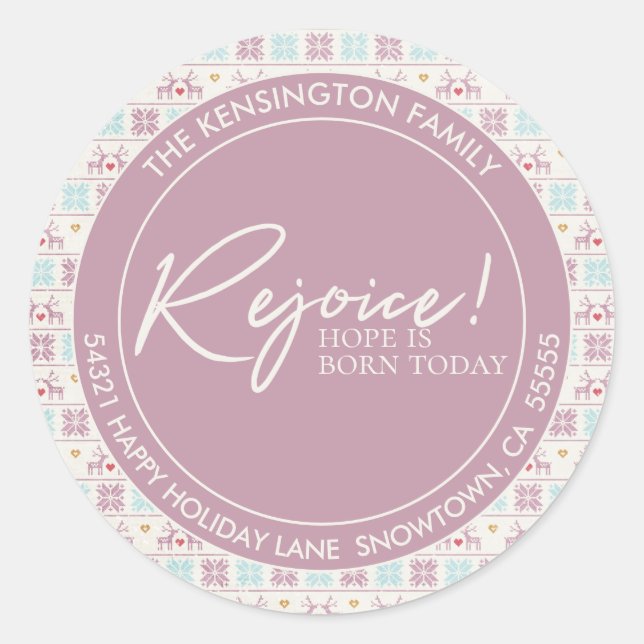 Rejoice Christmas Pastel Typography Address Classic Round Sticker (Front)