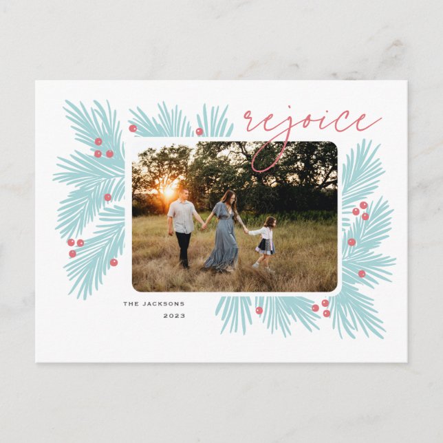 Rejoice Christmas tree branches and berries Holiday Postcard (Front)