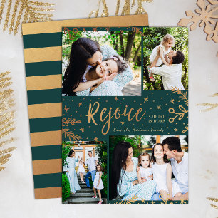 Rejoice   Collage Christmas Card   Faux Foil Green