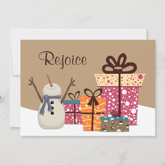 Rejoice - Cute Snowman with Gifts Christmas Holiday Card (Front)