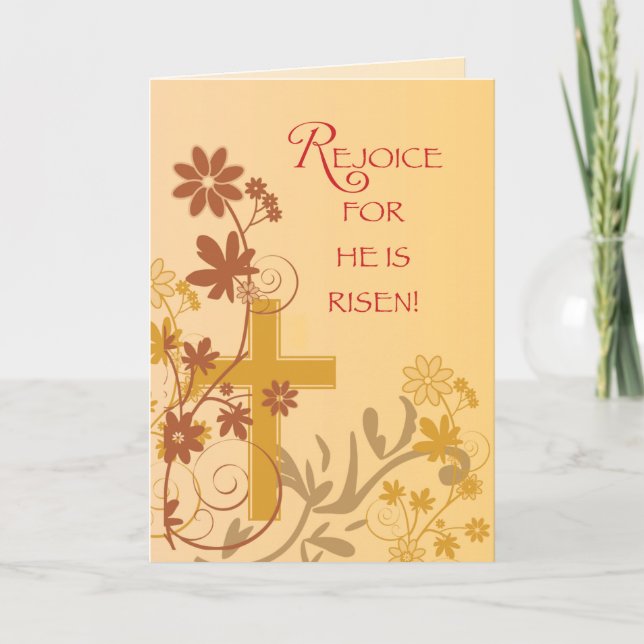 Rejoice Easter Cross, Swirls, Flowers & Leaves Holiday Card (Front)