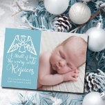 Rejoice Elegant Baby Boy Photo Blue Christmas Holiday Card<br><div class="desc">An elegant angel sits over the Christmas lyrics words from O Holy Night on this beautiful baby blue holiday card. A thrill of hope, the weary world rejoices. Rejoice with this lovely religious birth announcement card with gorgeous calligraphy and your newborn photo on the front and back. A wonderful Christian...</div>