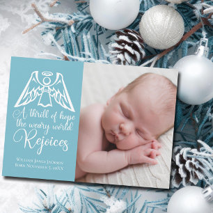 Rejoice Elegant Baby Boy Photo Blue Christmas Holiday Card