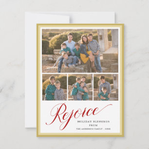 Rejoice Elegant Script 4 Family Photo Christmas Holiday Card