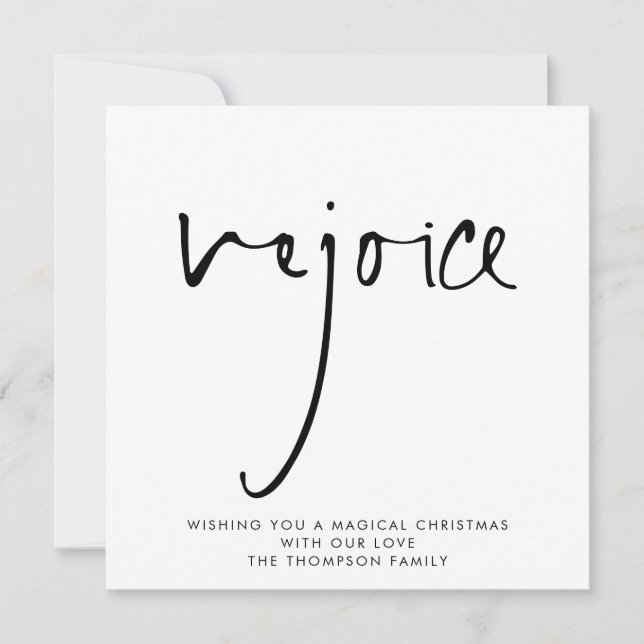 Rejoice Elegant Script Black White Christmas  Card (Front)