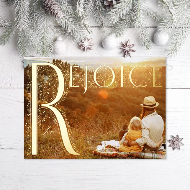 Rejoice Filagree Christian Full Bleed Photo Foil Holiday Card (Creator Uploaded)