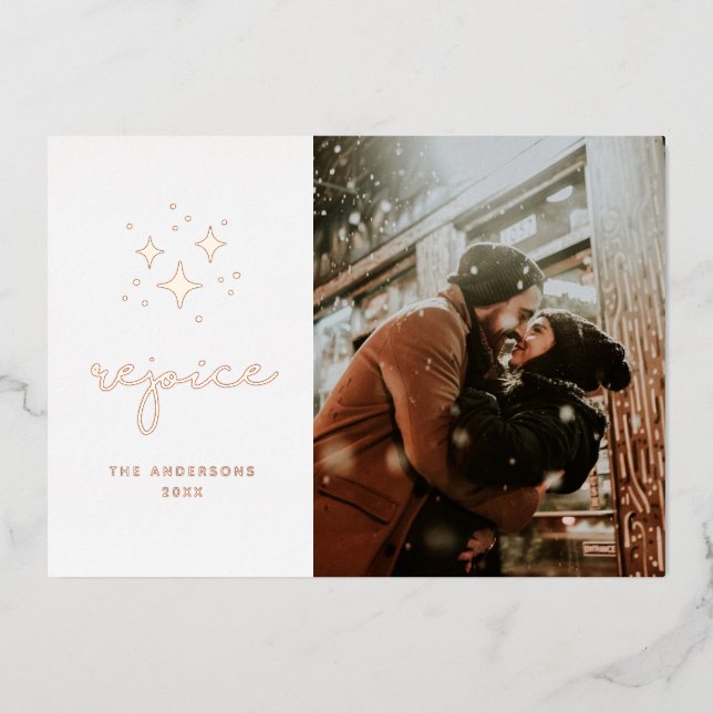 Rejoice. Gold stars / Religious Christmas photo Foil Holiday Card (Front)