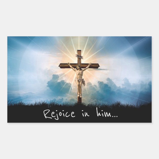 Rejoice in him rectangular sticker (Front)