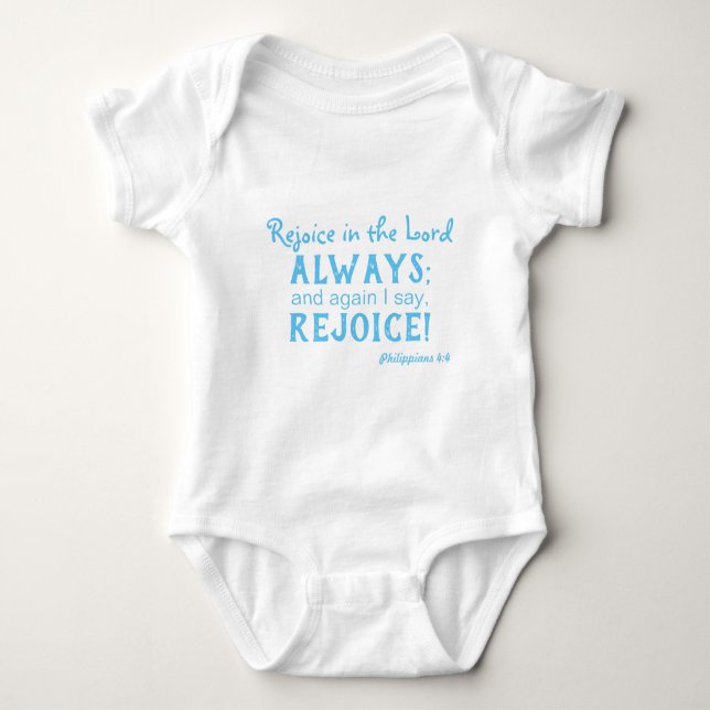 Rejoice in the Lord Always Bible Verse Baby Bodysuit (Front)