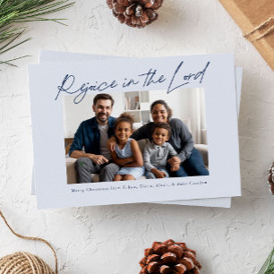 Rejoice in the Lord Handwritten Christmas Blue Holiday Card