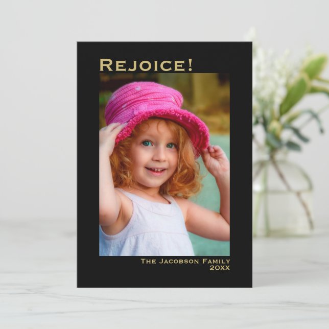 Rejoice! Minimalist Black & Gold Photo Christmas Holiday Card (Standing Front)