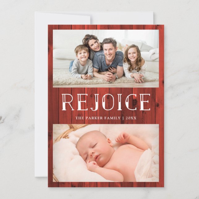 Rejoice on Red Wood | Rustic Multi Photo Christmas Holiday Card (Front)