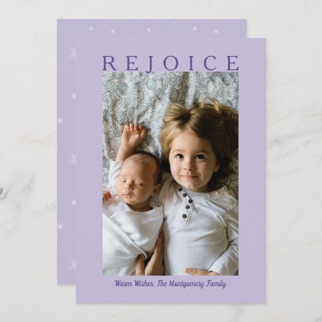 Rejoice Purple Lavender Christmas Custom Photo Holiday Card (Front/Back)