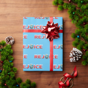 REJOICE red text with snow and planet earth Wrapping Paper