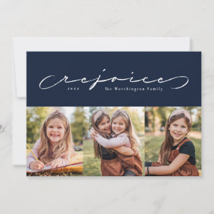 Rejoice religious holiday navy three photo card