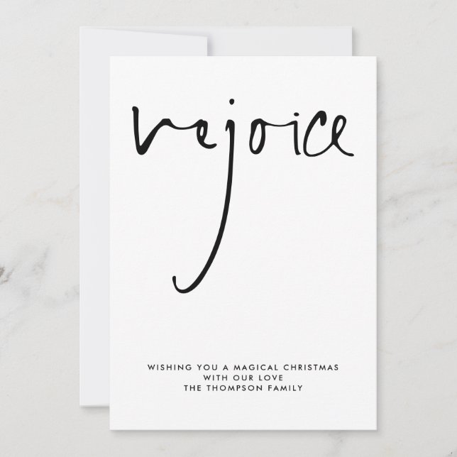 Rejoice Script Black White Name Christmas Holiday Card (Front)