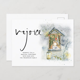 Rejoice Script Christmas Girl at Window Postcard