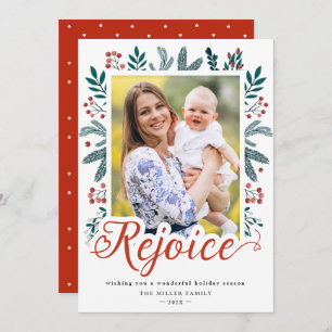 Rejoice Script Festive Christmas Red Berries Photo Holiday Card
