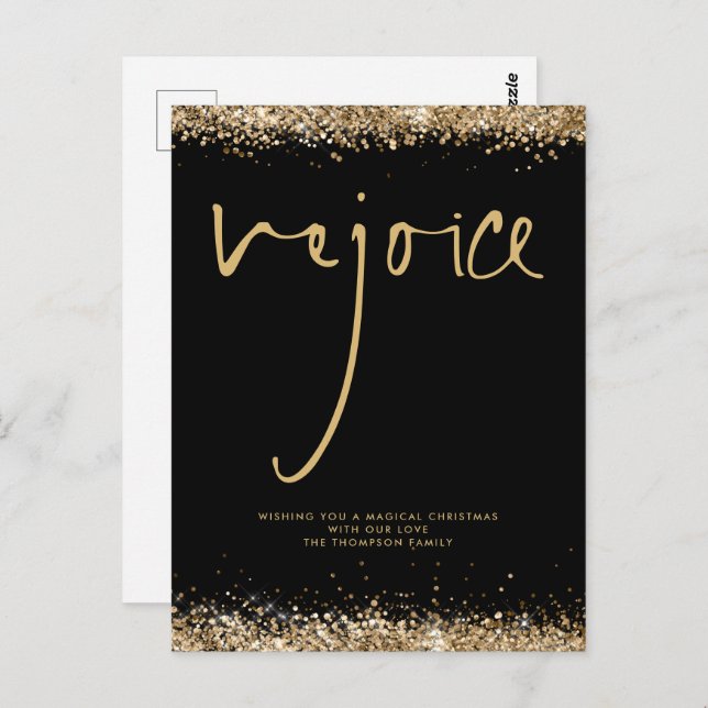 Rejoice Script Gold Glitter Black Name Christmas Postcard (Front/Back)