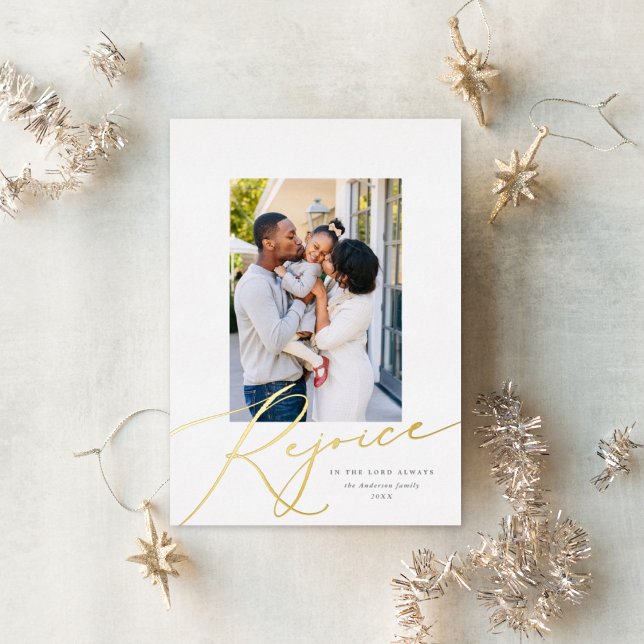 Rejoice Script Religious Christmas Photo Gold Foil Holiday Card (Creator Uploaded)