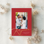 Rejoice Script Religious Christmas Photo Red Gold Foil Holiday Card<br><div class="desc">This gorgeous Christmas photo card features a festive red background with the greeting "Rejoice" in raised gold foil a single vertical photo. The greeting continues in flat white ink with "in the Lord always". Followed by your name. This design accommodates a single vertical photo on the front of the card....</div>