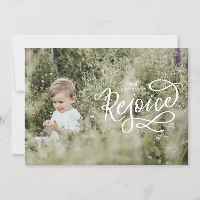 Rejoice White Lettering Landscape Christmas Photo Holiday Card (Front)