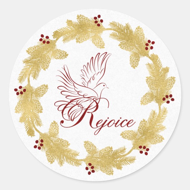 Rejoice with Dove Gold Holiday Wreath with Berries Classic Round Sticker (Front)