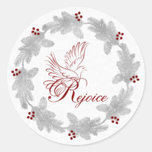 Rejoice with Dove Silver Holiday Wreath Classic Round Sticker