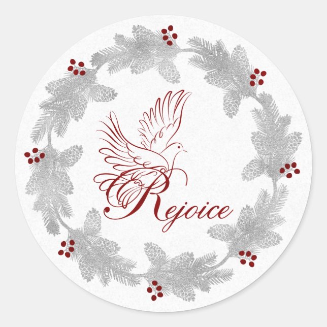 Rejoice with Dove Silver Holiday Wreath Classic Round Sticker (Front)