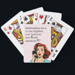 Relationships are Like Algebra Funny Quip Playing Cards<br><div class="desc">Add a touch of wit and humour as you or a friend celebrate newfound independence with this clever 1950s comic book-style artwork. Featuring a vintage-inspired woman deep in thought, the quote "Relationships are a lot like Algebra... Ever look at your x and wonder y?" delivers a witty epiphany, drawing a...</div>