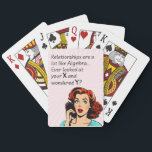 Relationships are Like Algebra Funny Quip Playing Cards<br><div class="desc">Add a touch of wit and humour as you or a friend celebrate newfound independence with this clever 1950s comic book-style artwork. Featuring a vintage-inspired woman deep in thought, the quote "Relationships are a lot like Algebra... Ever look at your x and wonder y?" delivers a witty epiphany, drawing a...</div>