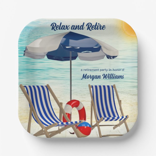 Relax and Retire Tropical Beach Chair Retirement Paper Plate (Front)