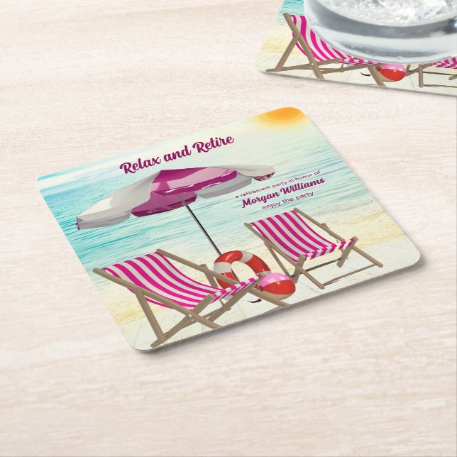 Relax and Retire Tropical Beach Chair Retirement Square Paper Coaster (Angled)