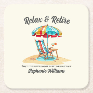 Relax and Retire Tropical Cocktail Beach Chair  Square Paper Coaster