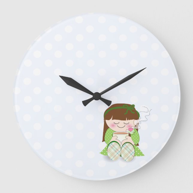 Relax! Cute Kawaii Girl Relaxing with Tea / Coffee Large Clock (Front)