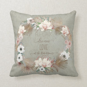 Relax Dream Love Floral Seaside Beach Palm Sage Cushion