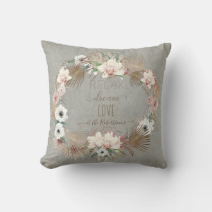 Relax Dream Love Grey Floral Seaside Beach Palm Cushion