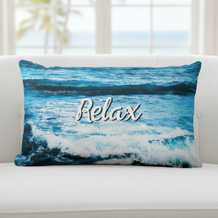 Relax Hawaii Turquoise Ocean Waves Photo Script Lumbar Cushion