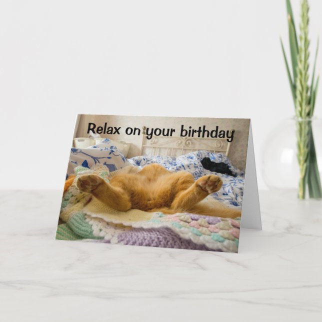 Relax on your birthday lazy cat greeting card (Front)