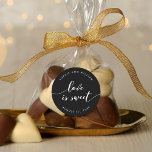 Relax Script Love is Sweet Editable Colour Wedding Classic Round Sticker<br><div class="desc">Wedding favour sticker featuring the words "love is sweet" in a relax cursive script in white against an editable background colour (click customise to access). Personalise it by replacing the placeholder text. For more options such as to change the font and it's size/colour, expand /contract curve or the spacing between...</div>