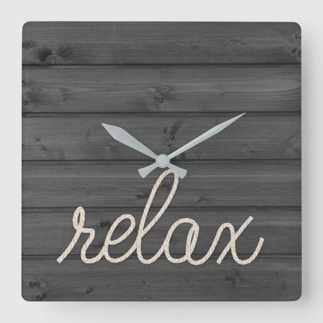 Relax text and nautical rope on wood square wall clock (Front)