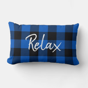 Relax Text on Black and Blue Plaid Lumbar Cushion