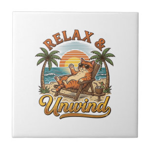 Relax & Unwind Beach Cat Vintage Engraving Design_ Ceramic Tile