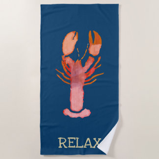 Relax Watercolor Lobster Nautical Beach Towel