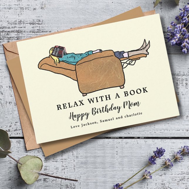 Relax with a Book Happy Birthday Mum Card (Funny birthday card for mom book lover greetings card)