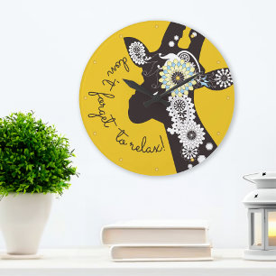 Relax - Yellow Funky Funny Giraffe Large Clock