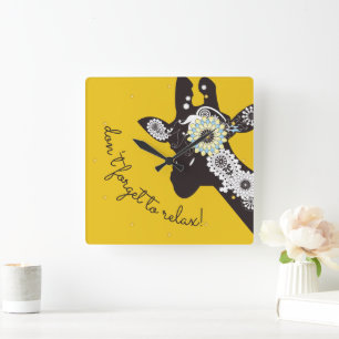 Relaxation Yellow Funky Funny Giraffe Square Wall Clock