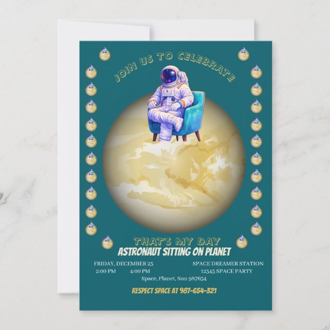 Relaxed Astronaut Sitting on Planet Invitation (Front)