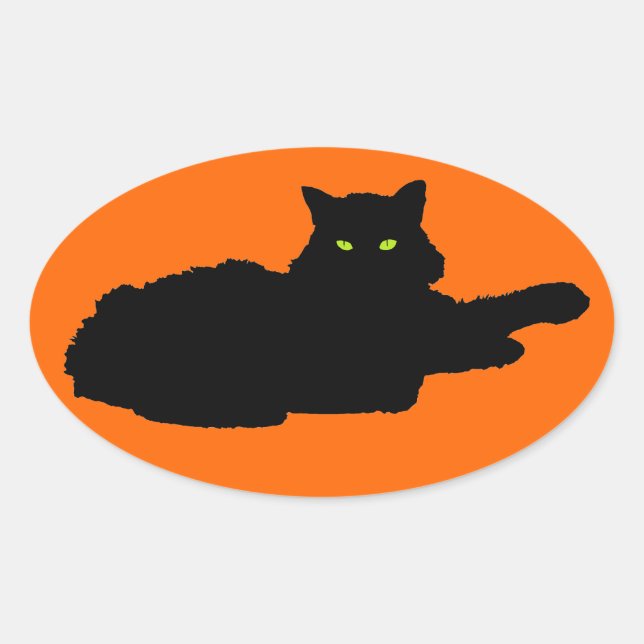 Relaxed Black Cat Silhouette on Orange Oval Sticker (Front)